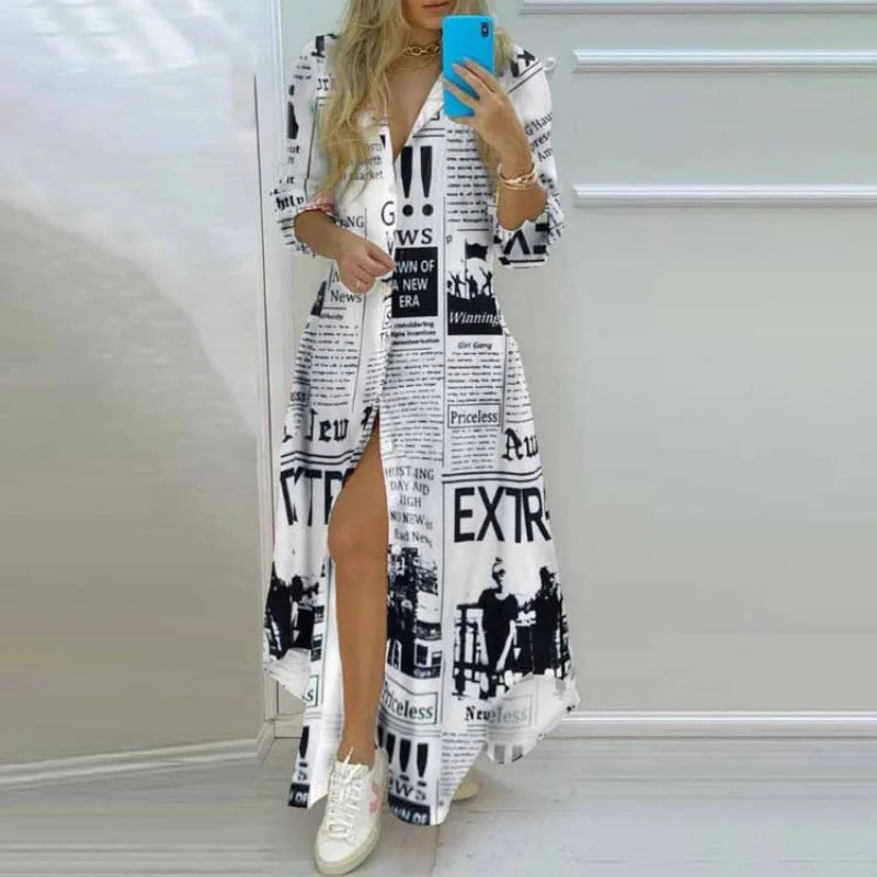 Women's Printed Shirt Dress – Lapel, Long Irregular Hem | S–XL