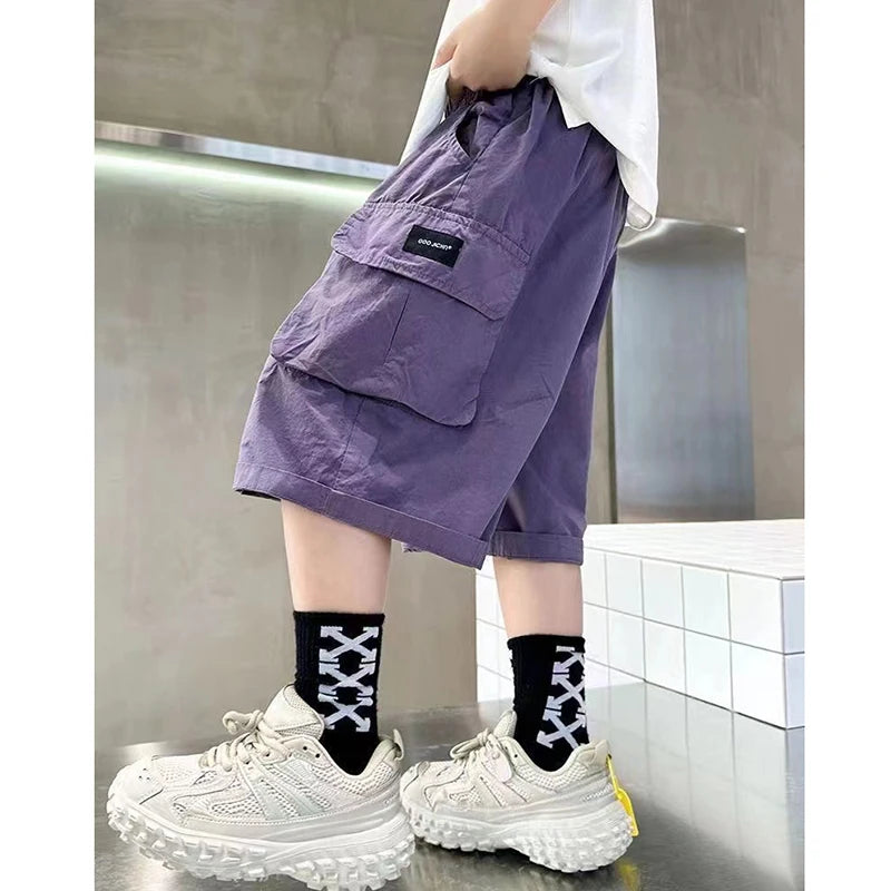 Boys Cotton Cargo Shorts | Big Pocket Summer Pants | Ages 3–14 | Purple & Khaki