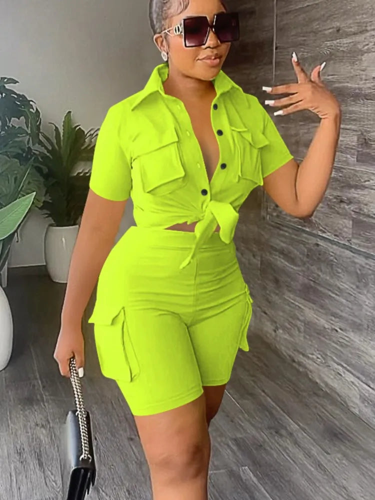 Women's Two-Piece Shorts Set – Short Sleeve Shirt & Casual Pocket Shorts | Streetwear | S–XXL