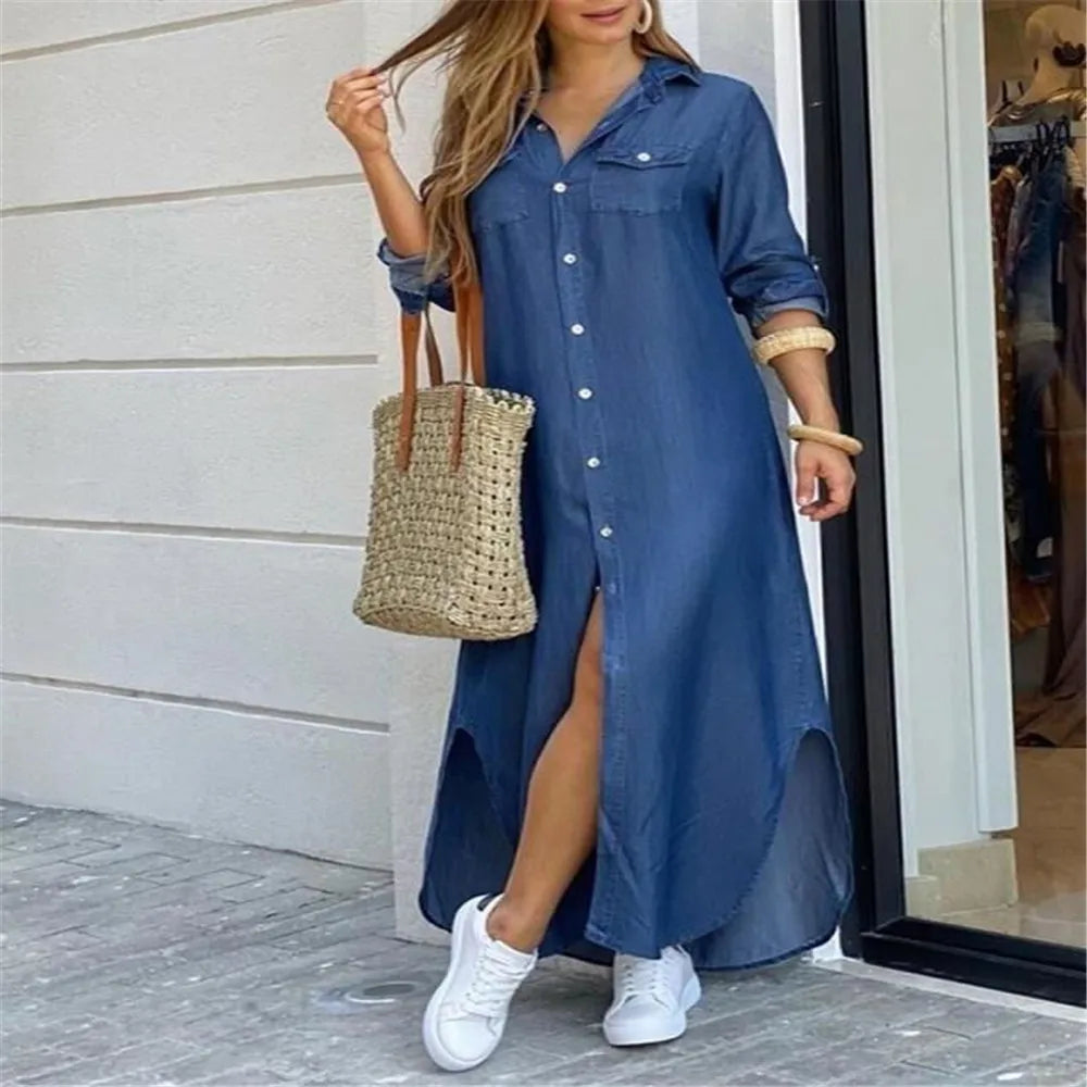 Women's Printed Long Shirt Dress – Loose Lapel Single-Breasted Casual | XS–XXXL
