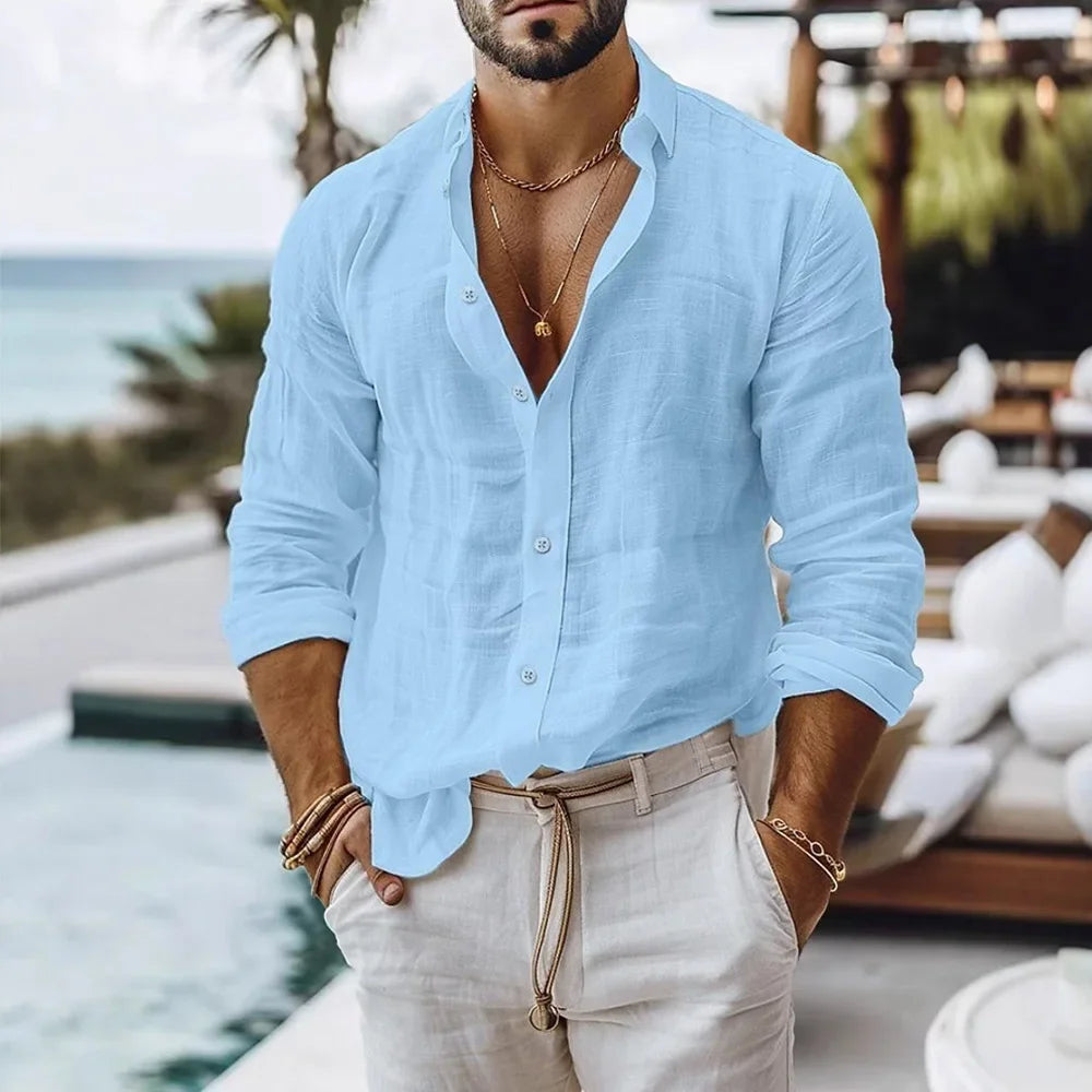 FURCW Men's Cotton-Linen Long Sleeve Beach Shirt — Breathable, Single Breasted | Summer Casual Button Shirt