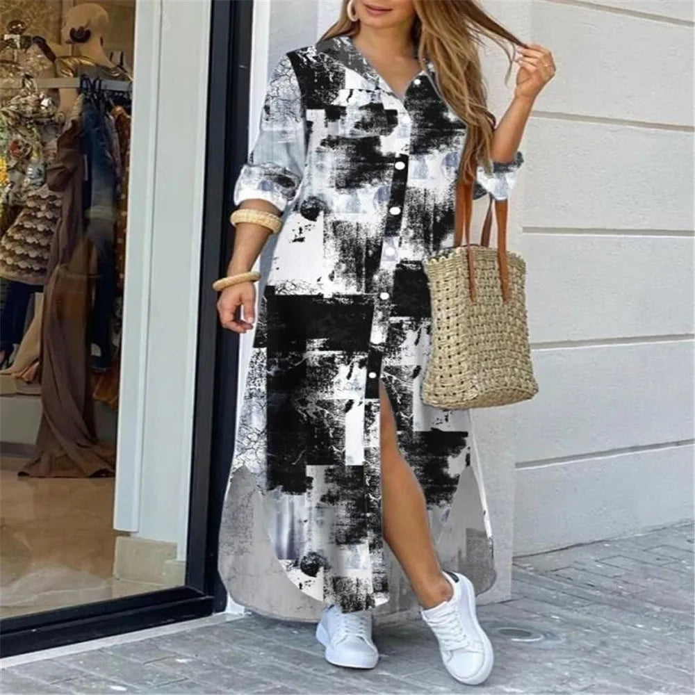 Women's Printed Long Shirt Dress – Loose Lapel Single-Breasted Casual | XS–XXXL