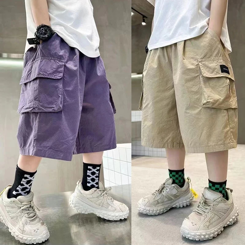 Boys Cotton Cargo Shorts | Big Pocket Summer Pants | Ages 3–14 | Purple & Khaki