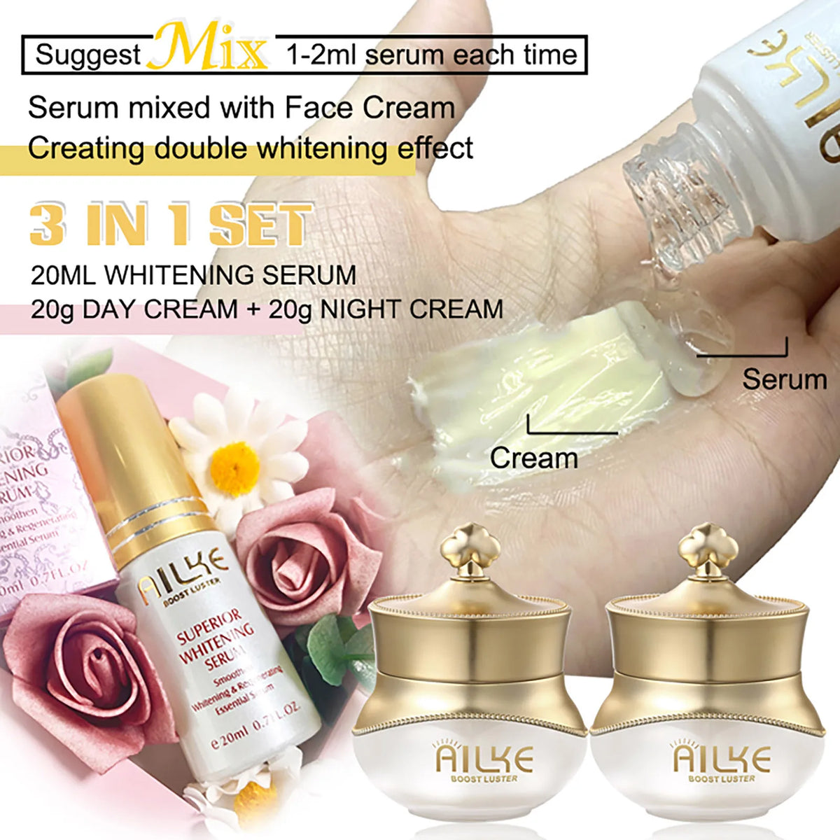 AILKE White Rose Whitening Face Care Set – Hyaluronic Acid, Anti-Wrinkle & Dark Spot Reduction