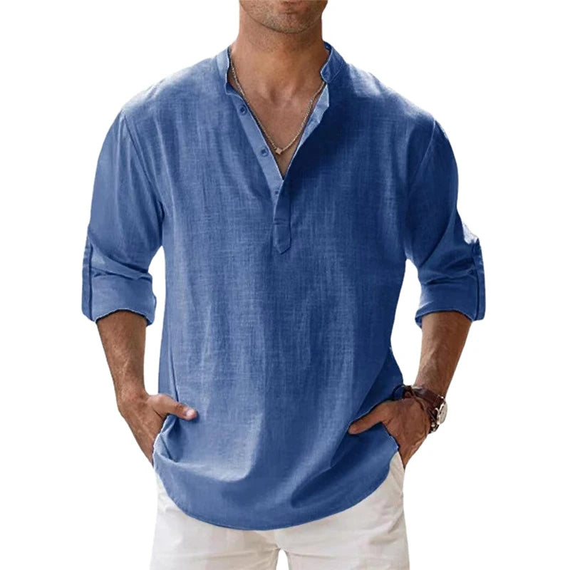 ANIMAL GAME Men's Cotton-Linen Henley Long Sleeve Shirt — Lightweight, Breathable | Beach & Casual Shirt