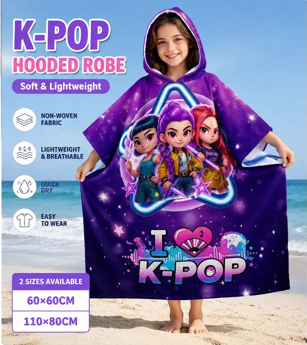 Kids Hooded Beach Towel Poncho – Purple Starry Girls Bath Robe for Swimming & Beach