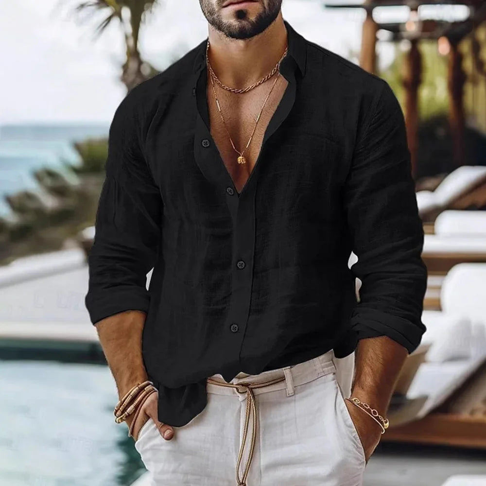 FURCW Men's Cotton-Linen Long Sleeve Beach Shirt — Breathable, Single Breasted | Summer Casual Button Shirt