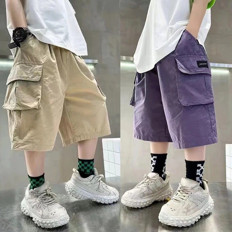 Boys Cotton Cargo Shorts | Big Pocket Summer Pants | Ages 3–14 | Purple & Khaki
