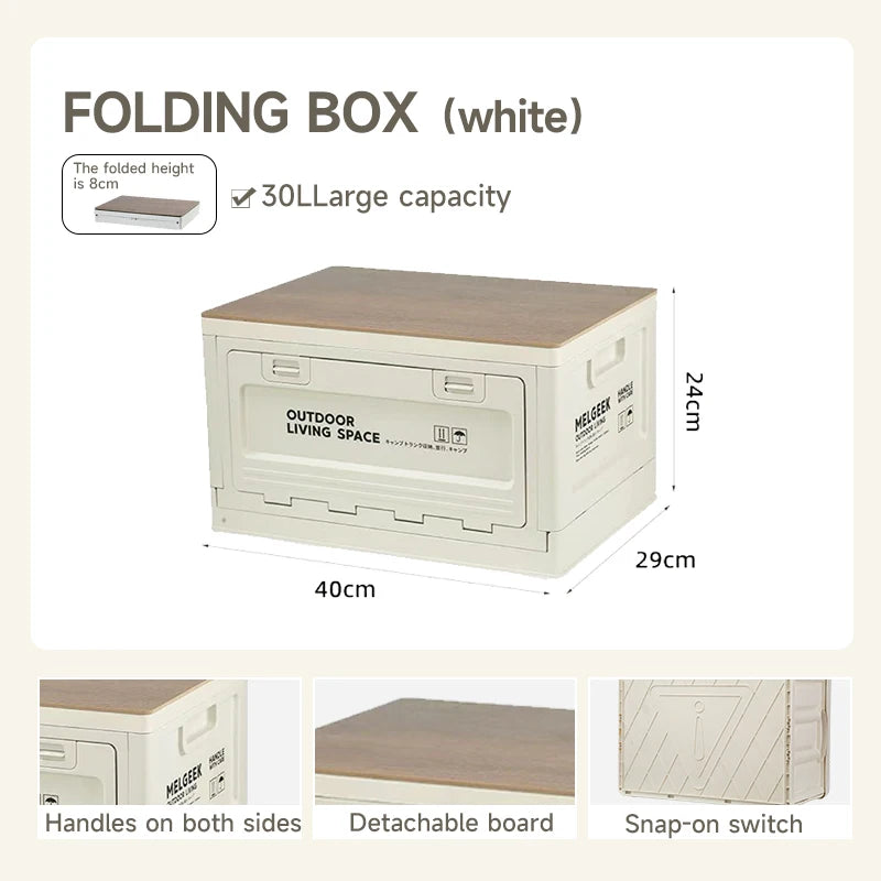 Foldable Camping Storage Box – Wooden Lid Organizer with Industrial Design for Car Trunk & Outdoor Use