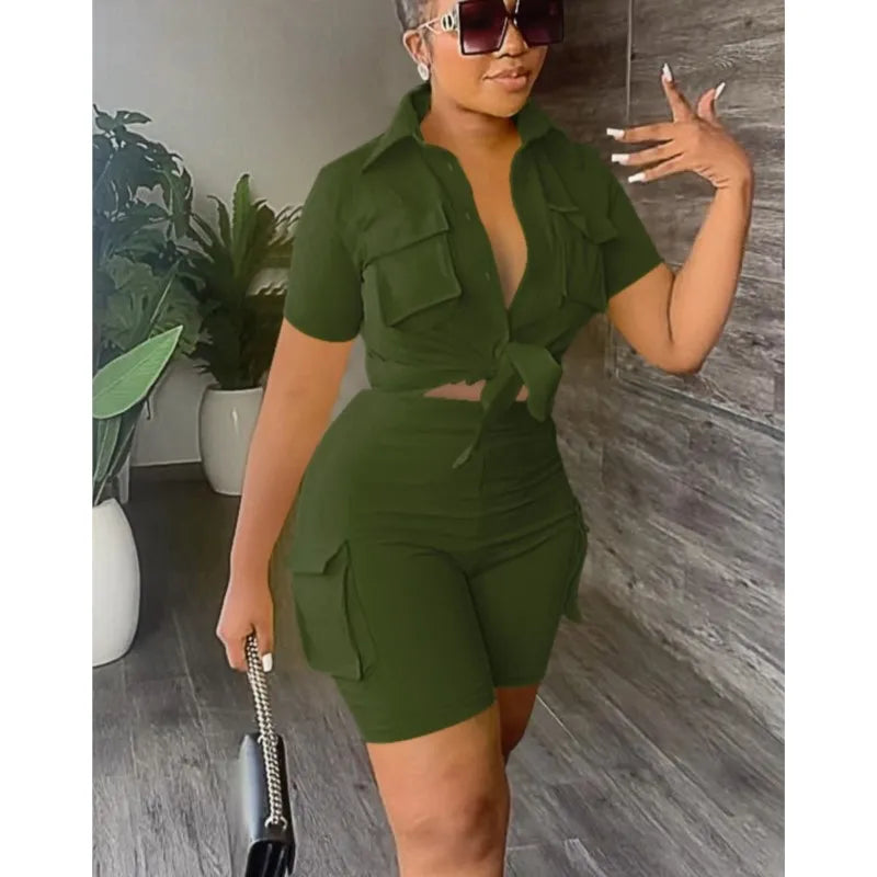 Women's Two-Piece Shorts Set – Short Sleeve Shirt & Casual Pocket Shorts | Streetwear | S–XXL