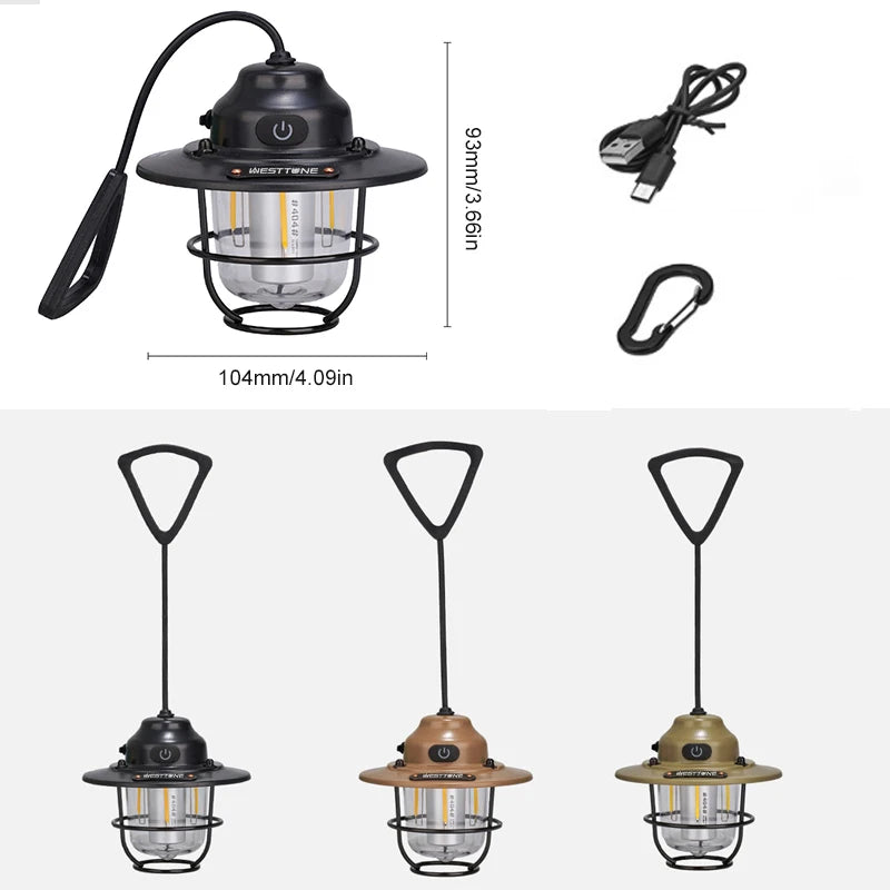 Retro Camping Lantern — Dimmable, Waterproof, 1200mAh | Hanging Tent Lamp for Camping, Hiking & Load Shedding