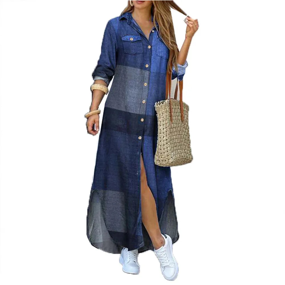 Women's Printed Long Shirt Dress – Loose Lapel Single-Breasted Casual | XS–XXXL