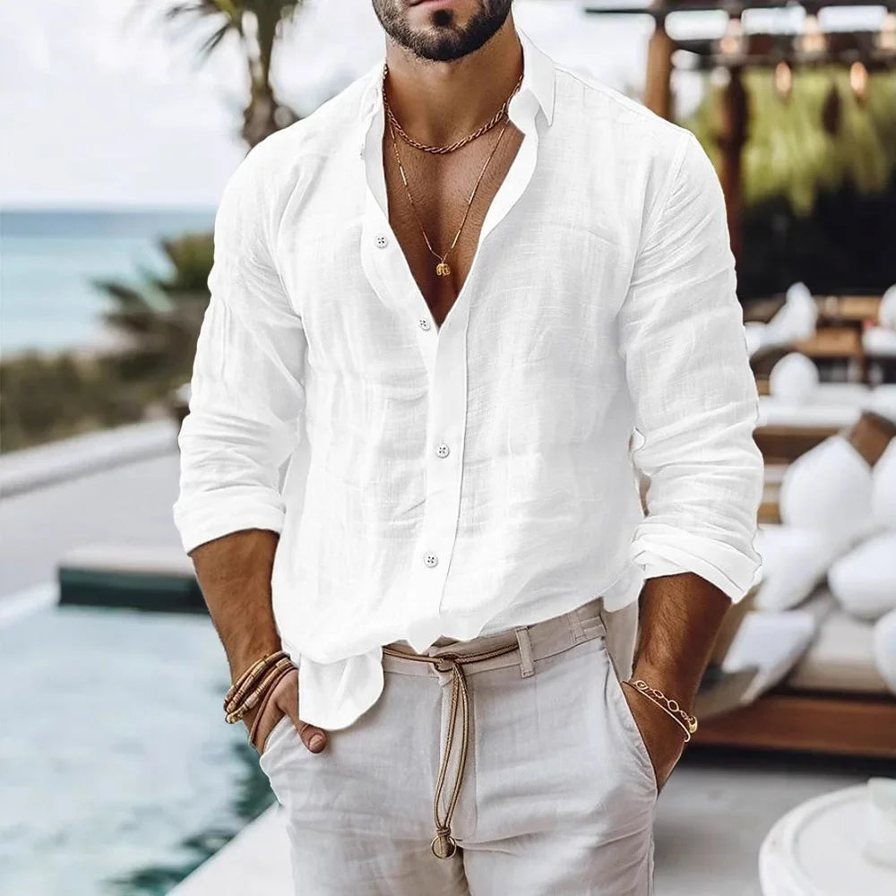FURCW Men's Cotton-Linen Long Sleeve Beach Shirt — Breathable, Single Breasted | Summer Casual Button Shirt