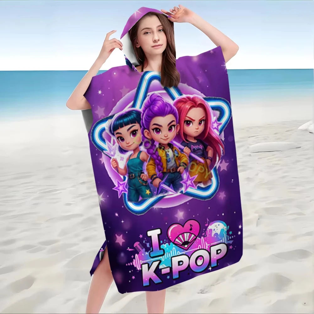 Kids Hooded Beach Towel Poncho – Purple Starry Girls Bath Robe for Swimming & Beach