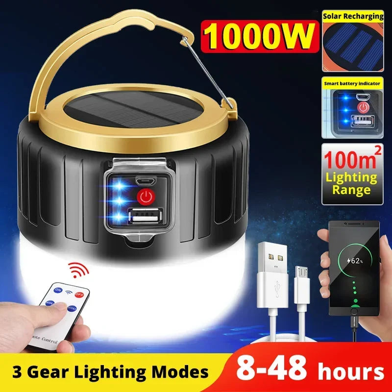 LED Camping Lantern with Remote Control & Power Bank — Solar/USB Rechargeable, Waterproof